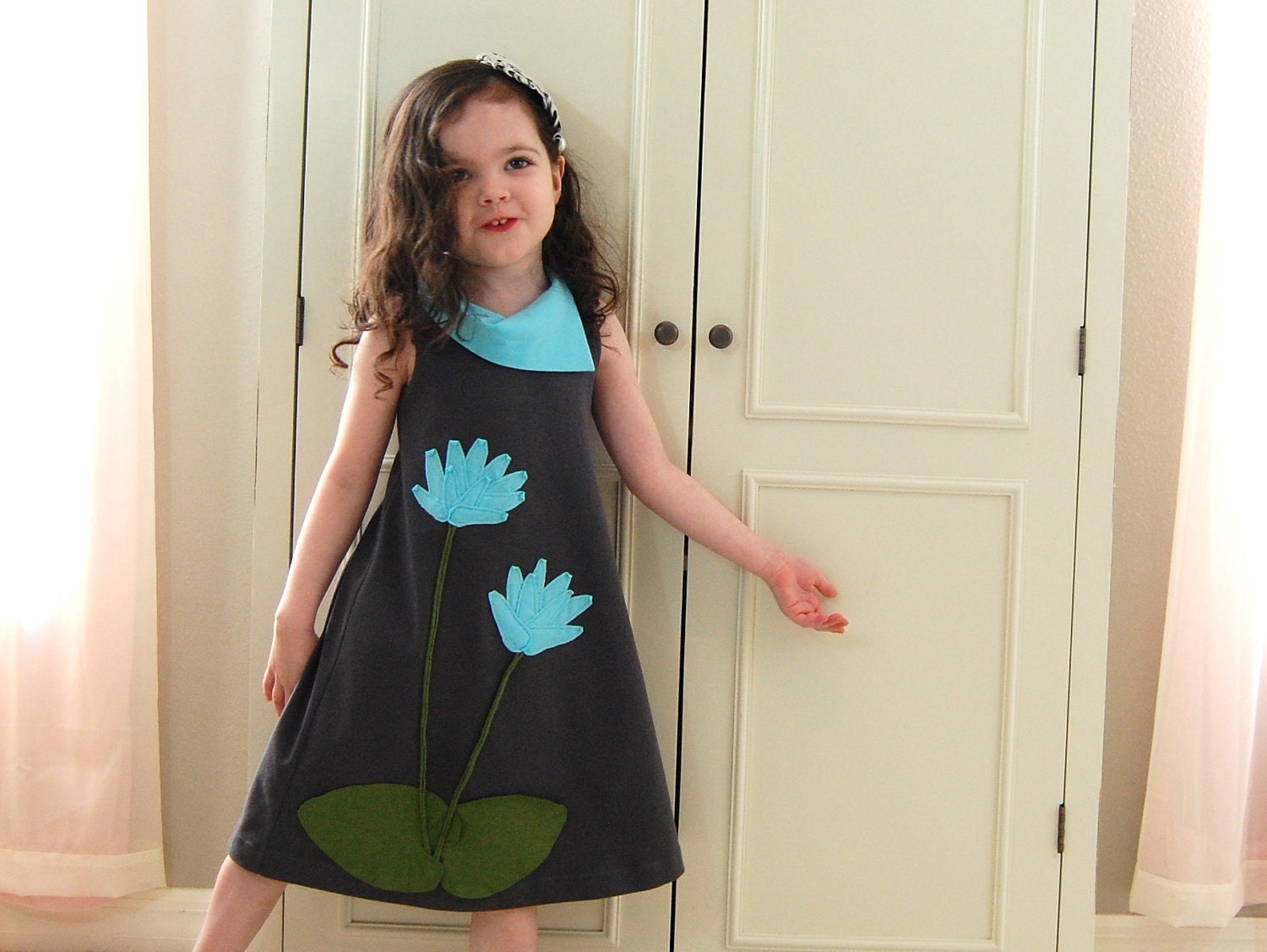 Toddler dress, Flower Lotus Blossom applique in Charcoal Gray, Aqua Blue, and Moss Green, childrens clothing (12m, 18m, 2T, 3T, 4T, 5, 6)