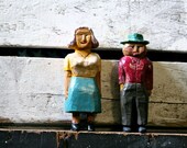 Vintage Antique Wooden Hand Carved and Painted Sculptures - Mr. and Mrs. Farmer - Folk Art Wood