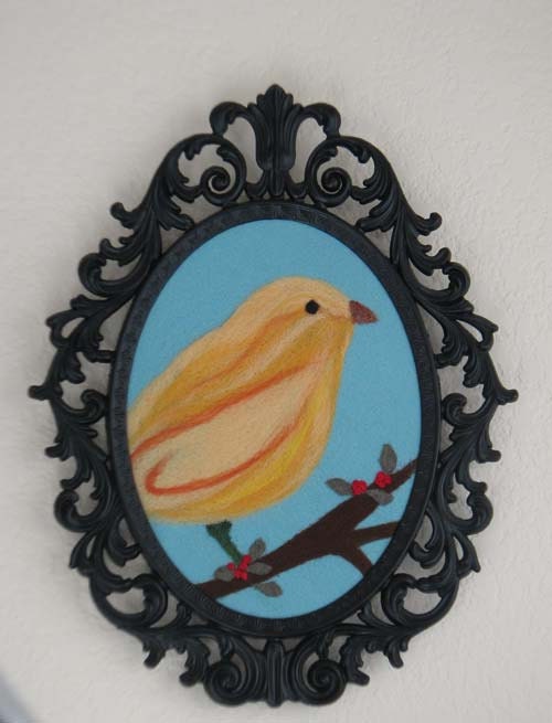 Wool Bird Art -- Lemon Drop Bird Folk Art in Vintage Frame -- shabby chic, eco chic, boho, nature