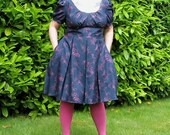 PrettyPuffSleeve Dress - plus size - navy magenta splatter print vintage rayon fabric - 49B-42W-65H
