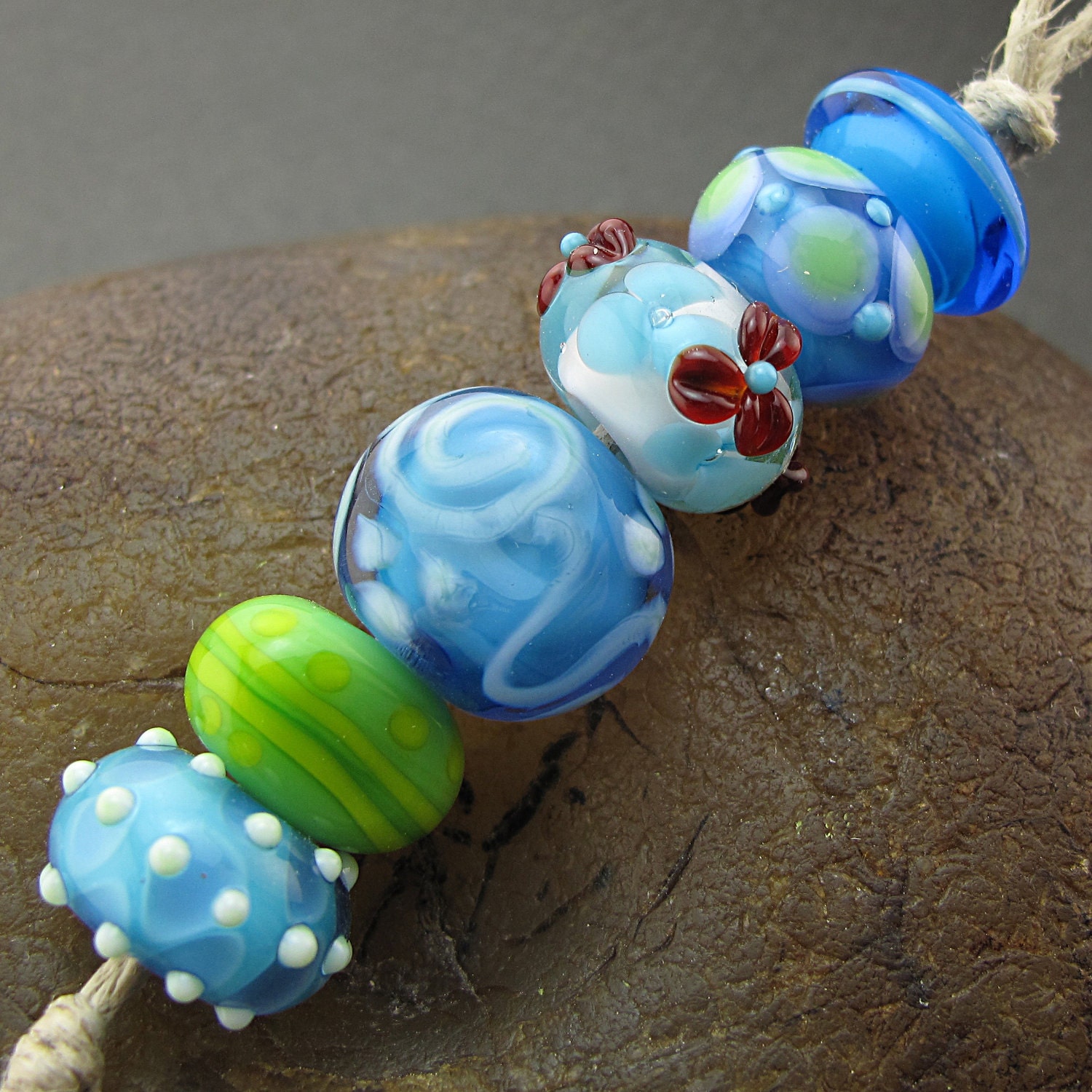 SALE Lampwork Bead Set (6) -Aqua Mix- Handmade by Andrea Pirkey SRA