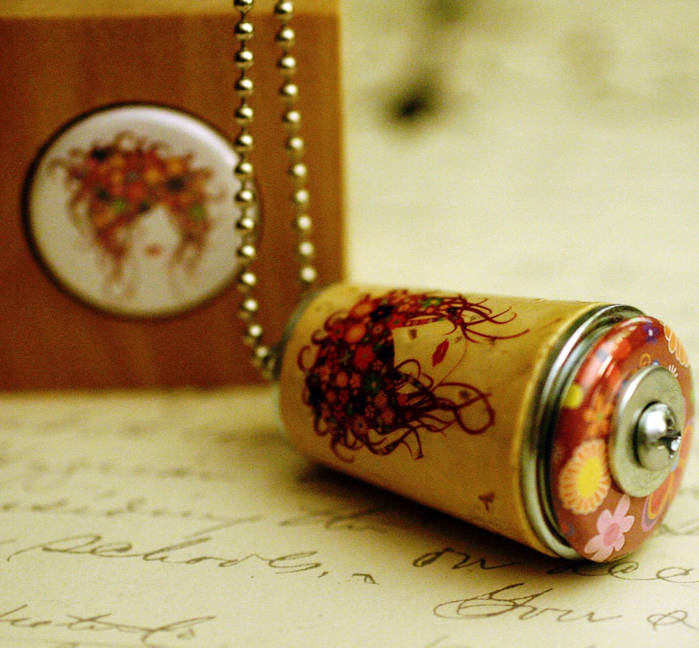 Hairdresser Necklace- Flowers Cork Necklace in Test Tube and Wood Cube - Uncorked