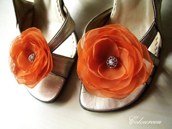 2 Spicy Burnt Orange Shoe Clips - Bridal Flowers Bridesmaids Outfits Autumn Wedding Reception