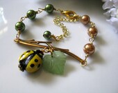Brass Twig with Yellow Ladybug Bracelet - Beautiful Olive Green Glass Pearls and Bronze Pearls, Matte Frosted Green Leaf, Unique