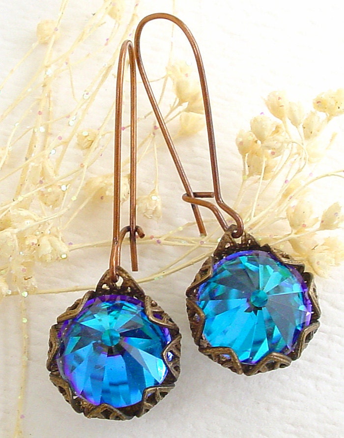 Swarovski Blue Earrings -  Bermuda Blue Rocket Glass
