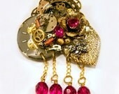 Steampunk Victorian Brass Flower Garnet Brooch/Pendant