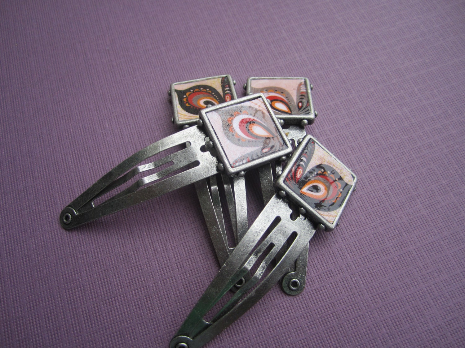 4 Black and Grey Butterfly Decoupage Barrettes