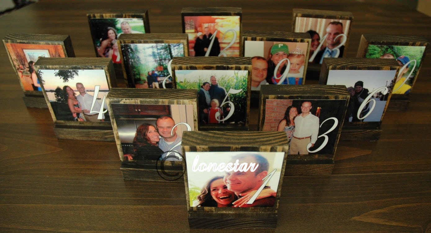 WEDDING TABLE NUMBERS -Set of 13 Personalized  Wedding Photo Blocks - Custom Table Numbers-Centerpieces-Place Cards-Table Number Frames