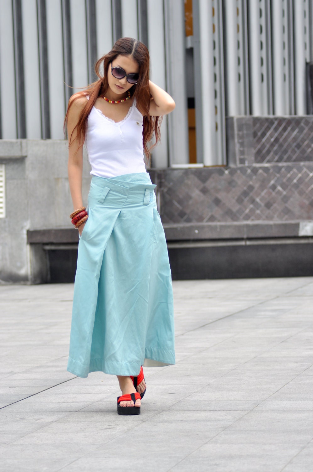 Graceful Light Blue Adjustable Waist Long Maxi Skirt - NC030
