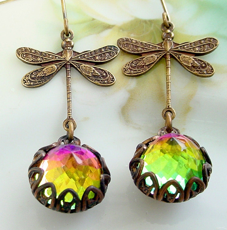 Vitrail Dragonfly Earrings - Crystal Glass and Brass