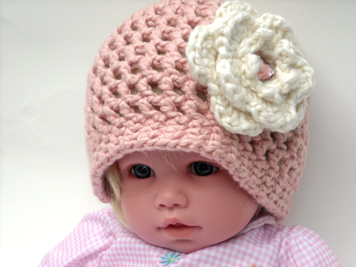 Organic Cotton Baby Girl Hat Beanie Pink with Flower Handmade Crochet Photo Prop Sizes 0 to 24 Months
