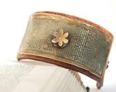 Steampunk Bracelet Etched and Patina Brass With Little Flower And Gear On Upcycled Leather Cuff