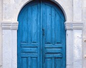 Vibrant Blue Greek Door to Whitewashed Home in Crete, Greece- Matted 5x7 Print (Treasury Item) - Home Decor