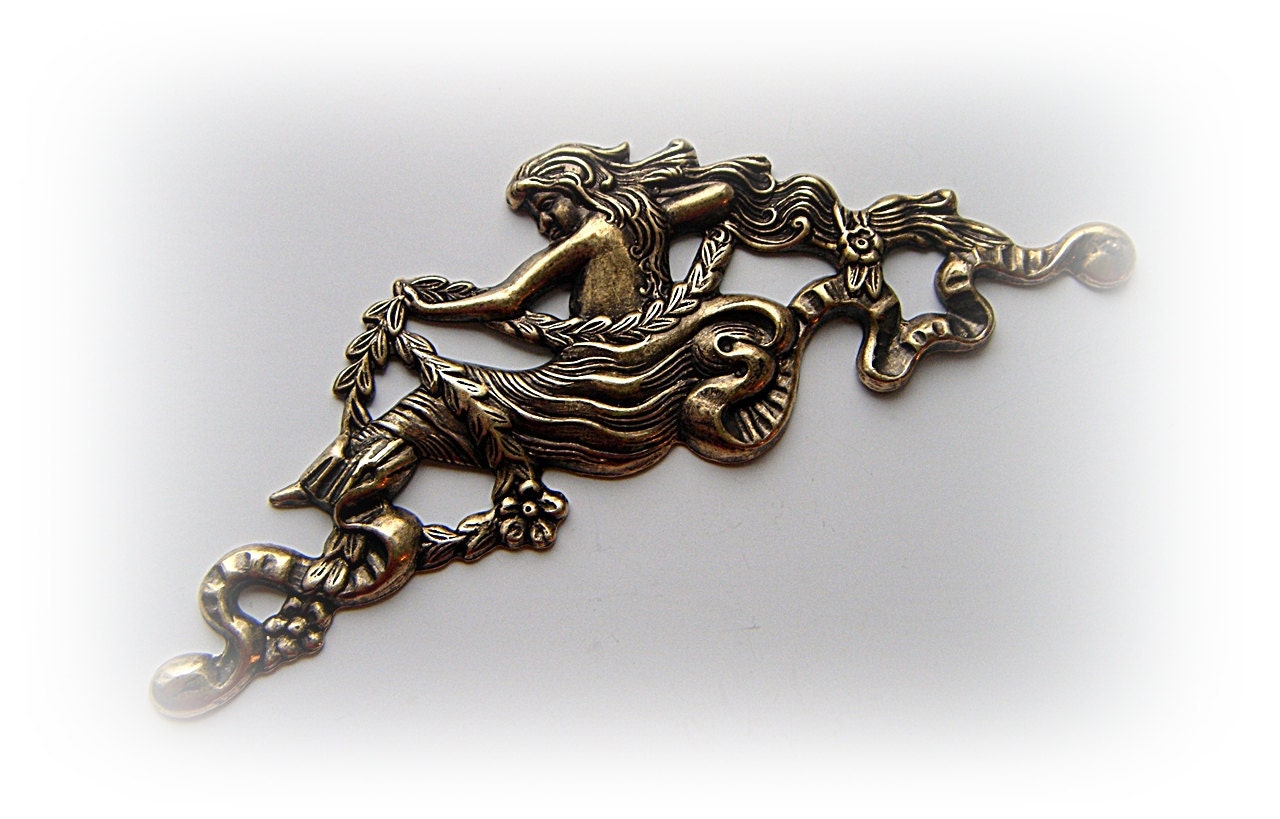 1 - Large Mermaid Sea Goddess Antique Brass Ox Finish - Jewelry Findings - Stamping (C)