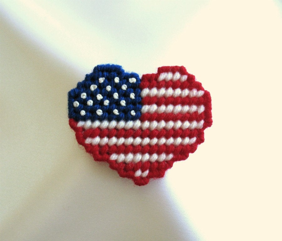 Patriotic Heart Flag Pin Brooch Hand Stitched