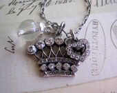 Heart, Crown & Crystal Charm Necklace, Oxidized Silver