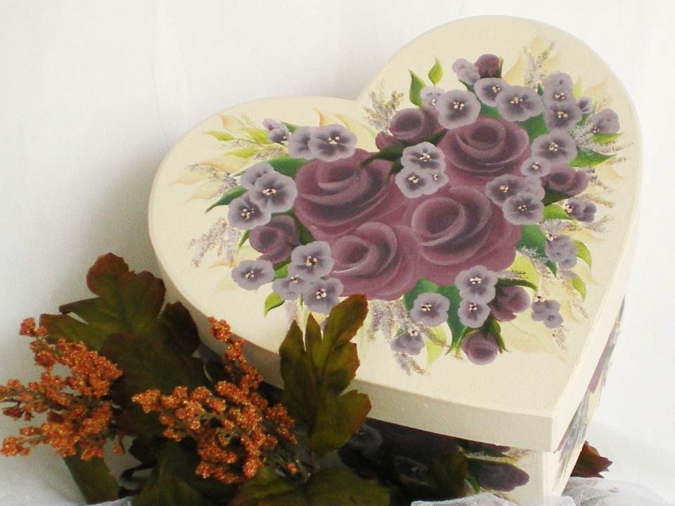 Hat Box Heart Shape Antique White with Hand Painted Elegant Plum Purple Roses - Storage Box Wedding Card Box Bridesmaid LARGE