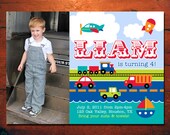 Transportation Birthday Party Invitation - Train invite - car invitations dump truck rocket  (DIY Printable Digital File OR Printed cards)