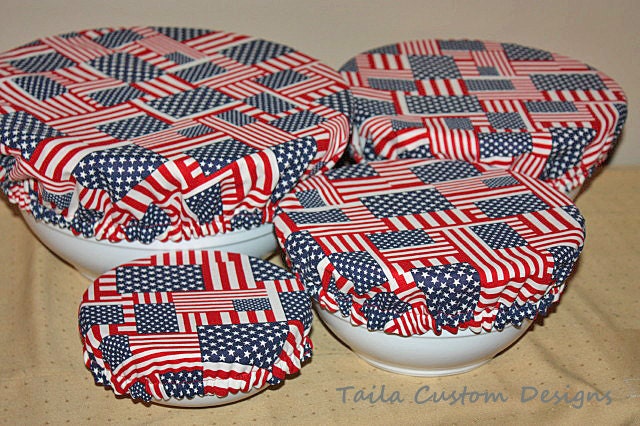 Reusable Bowl Covers Picnic Patriotic American Flag Americana USA Red, White, Blue Fabric (Set of 4) - TailaCustomDesigns