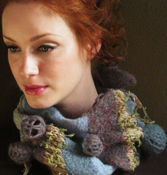 Shibori style felted scarf -blues and heather