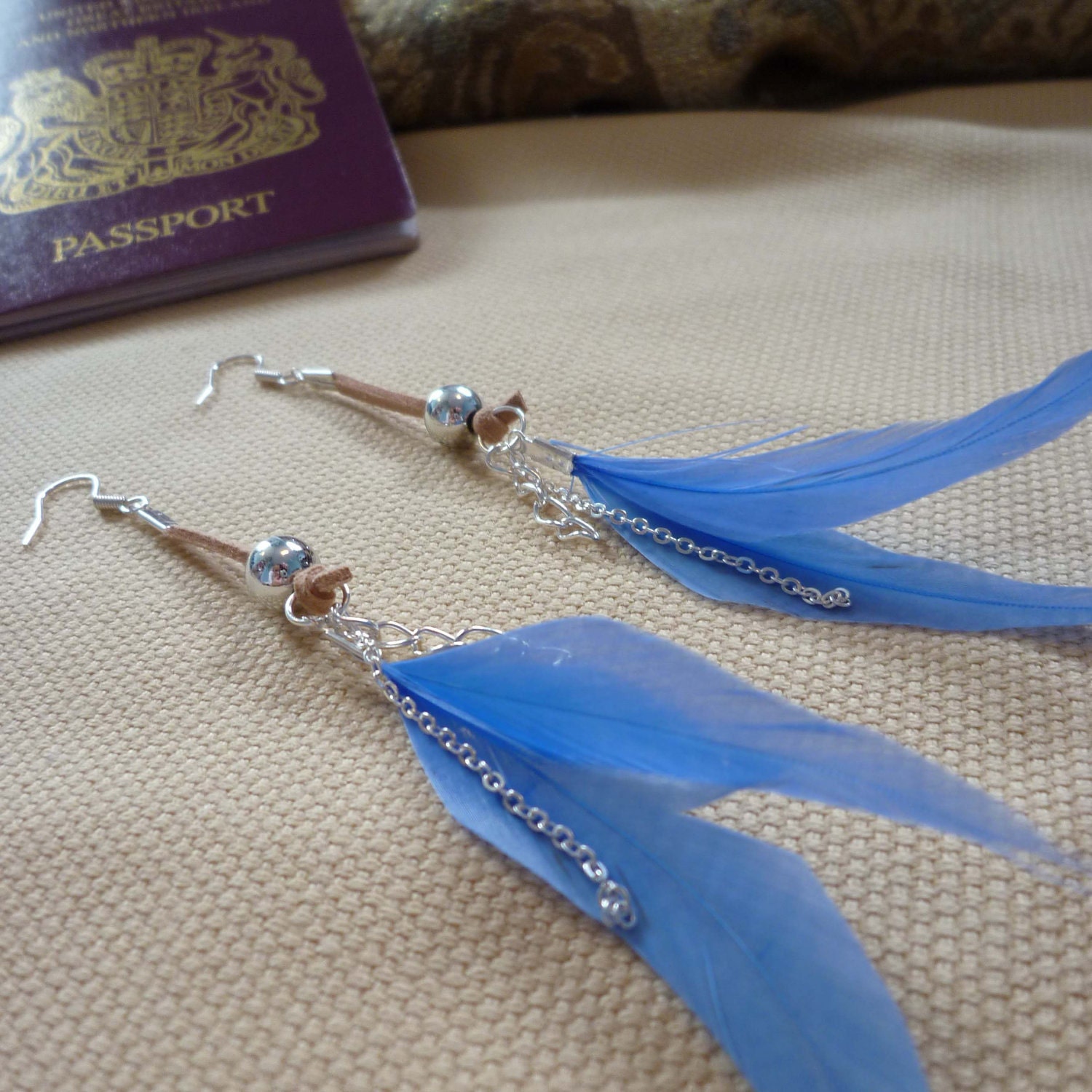 Silver Plated "Keepsake" Earrings, with Tan Suede Cord, Silver Chain and Blue Feather