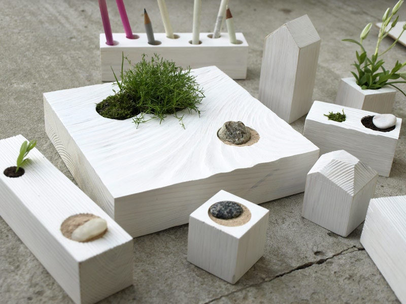 miniature wooden Zen Garden - planter  - Block9 - white