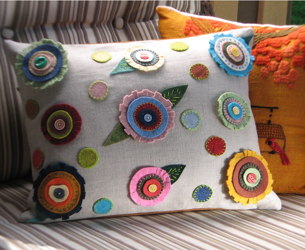 Folk Art Pillow in Spring Polka Dot Flowers