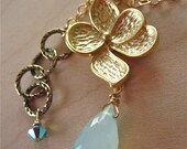 Chalcedony and Gold Flower Pendant Handmade Necklace