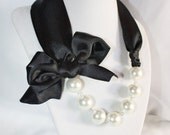 Black and White Ribbon and Pearl Necklace