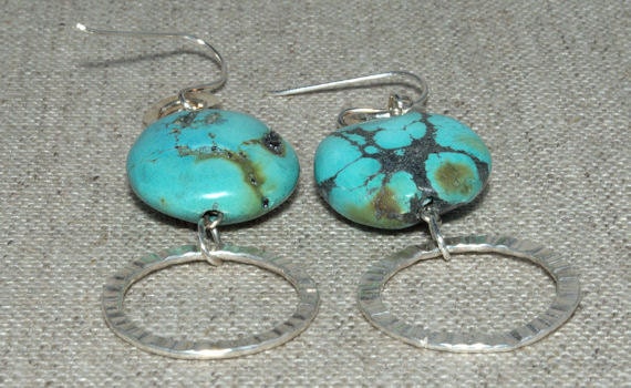Chunky Turquoise and Silver Circle Earrings by MixedMediaDesigns1