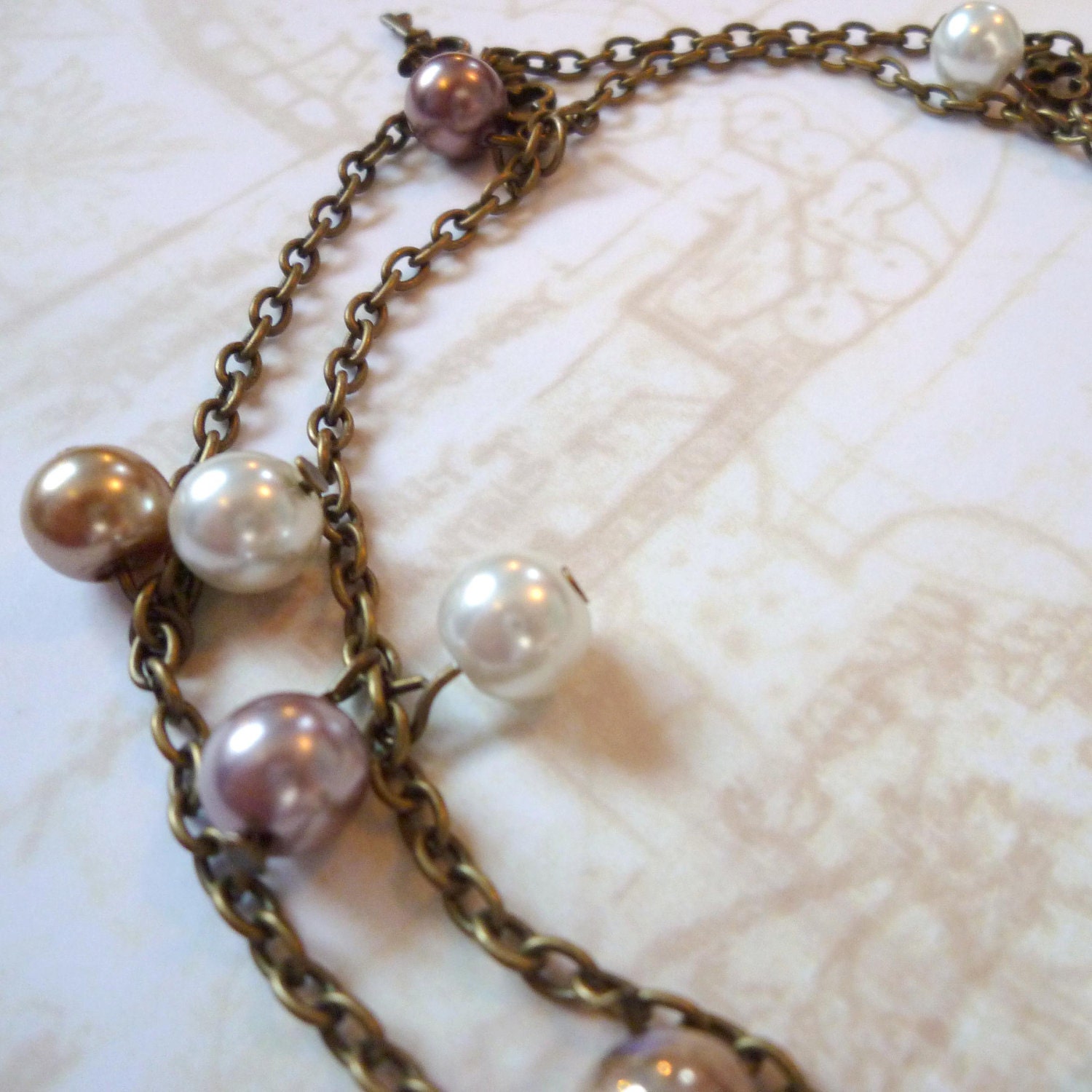 Bronze "Locked" Necklace, with Key Charms and Cream, Pink, Chocolate and Gold Faux-Pearl Beads