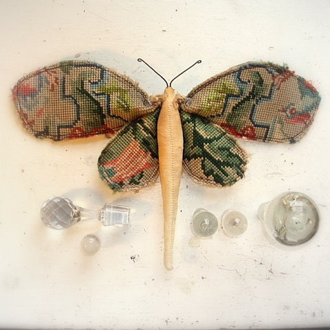 Moth made from vintage hand embroidered tapestry.