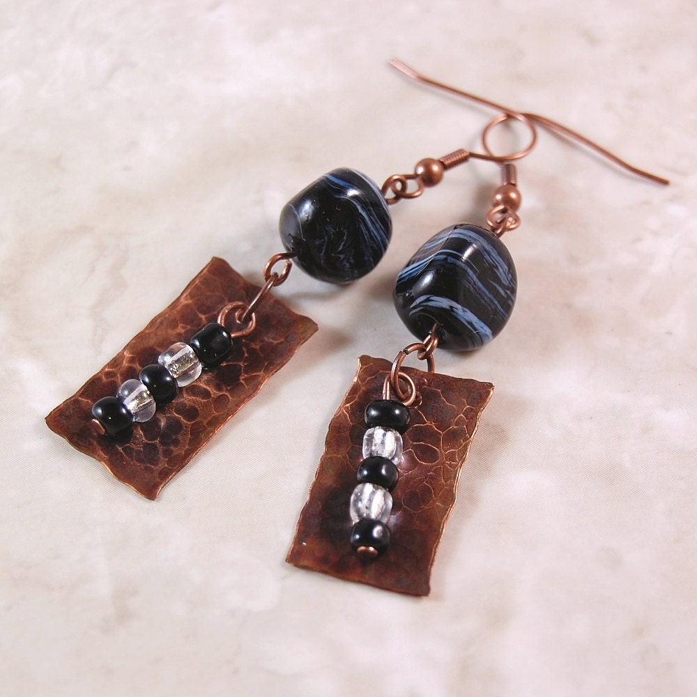 Earrings, Hammerd Copper, Black Onyx