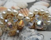 Upcycled Vintage Clip On Earrings Aurora Borealis Crystals Pearls
