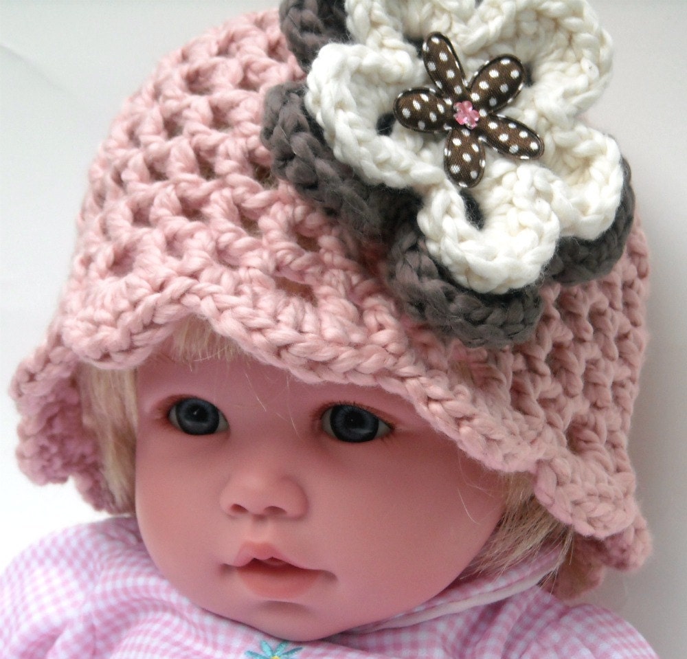 Crochet Baby Girl Hat Pink Organic Cotton Sizes Newborn to 24 Months with Flowers Scalloped Edge Photo Prop Infant Toddler
