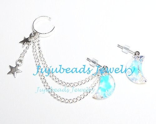 Fly Me To The Moon - Swarovski Crystal Moon Aurora Stars Charm Ear Cuff Set