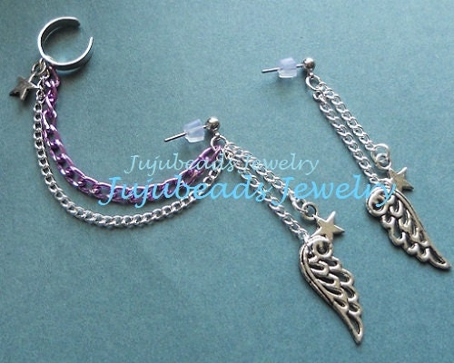Purple Silver Star and Angel Wings Ear Cuff Set