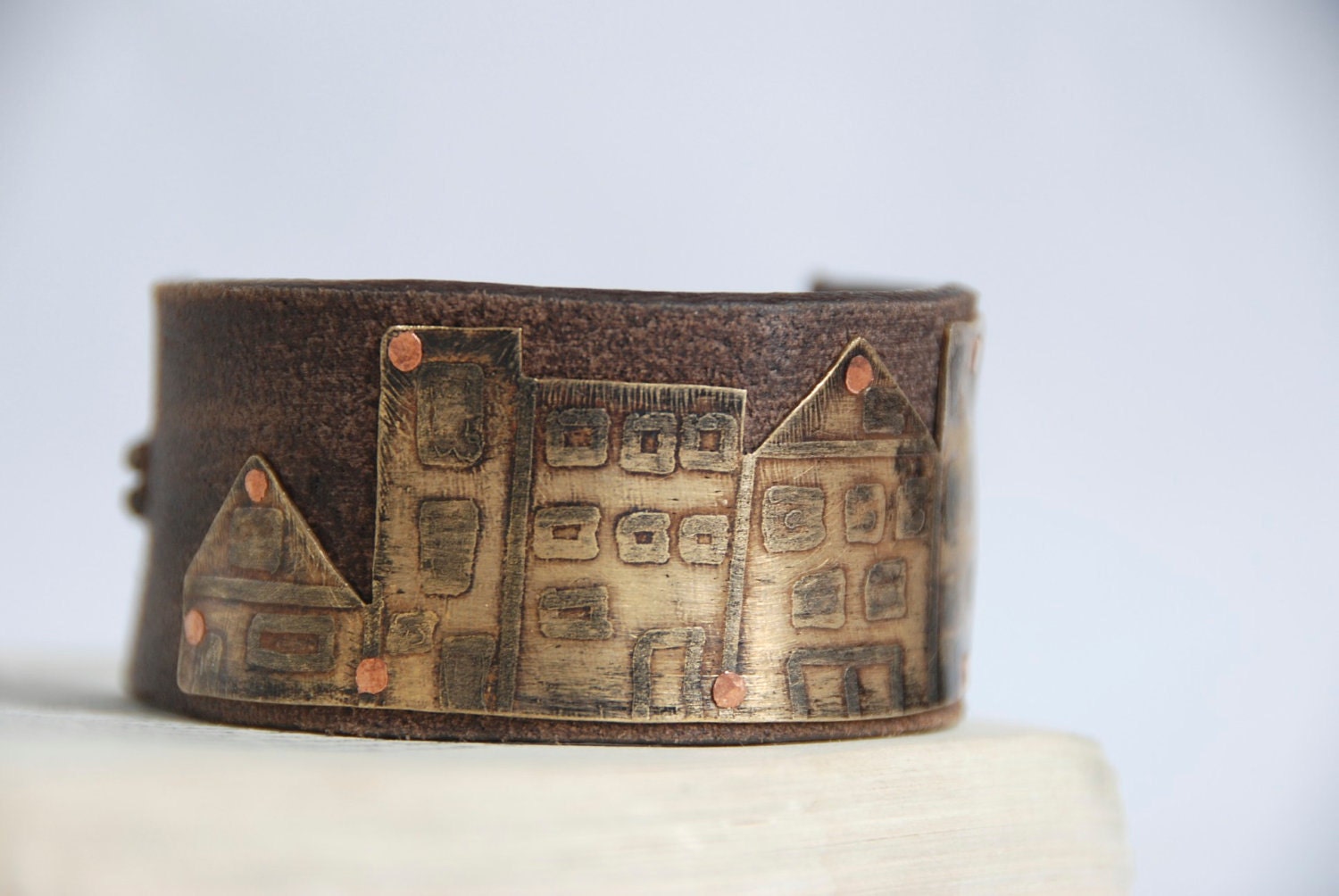 Little Town Bracelet Etched and Oxidized Brass on Leather Mothers Day Gift Idea