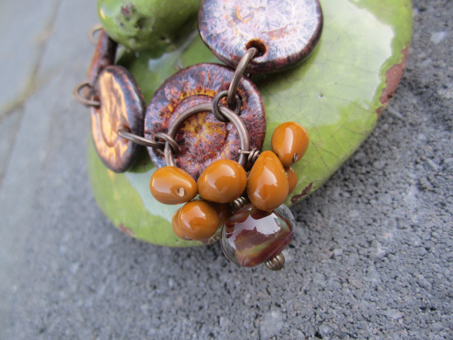My Favorite Bracelet. Boro Lampwork, Handmade Ceramic Links, Vintaj Natural Brass