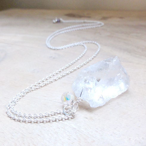 Rough Clear Quartz Crystal Necklace Pendant Sterling Long
