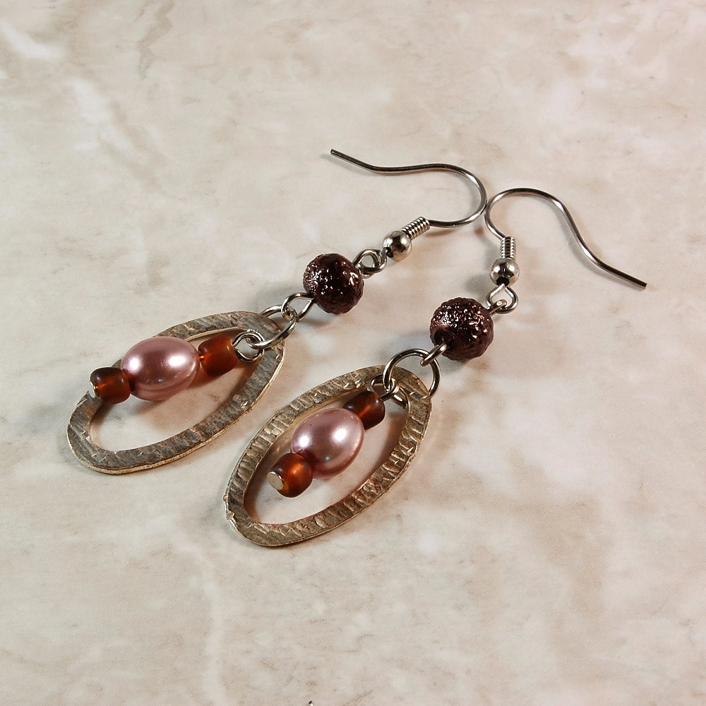 Hammered Silver Link Earrings, Brown Glass Pearl Beads