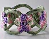 Crochet Bracelet Chainmail Bangle Sage with Pink Purple Sage Flowers