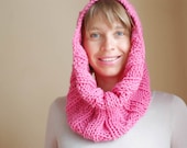 Knitted wool cowl scarf cable pink rose fuchsia berry candy chunky collar soft neckwarmer round loop - teamcamelot fpconspiracy ctriangle