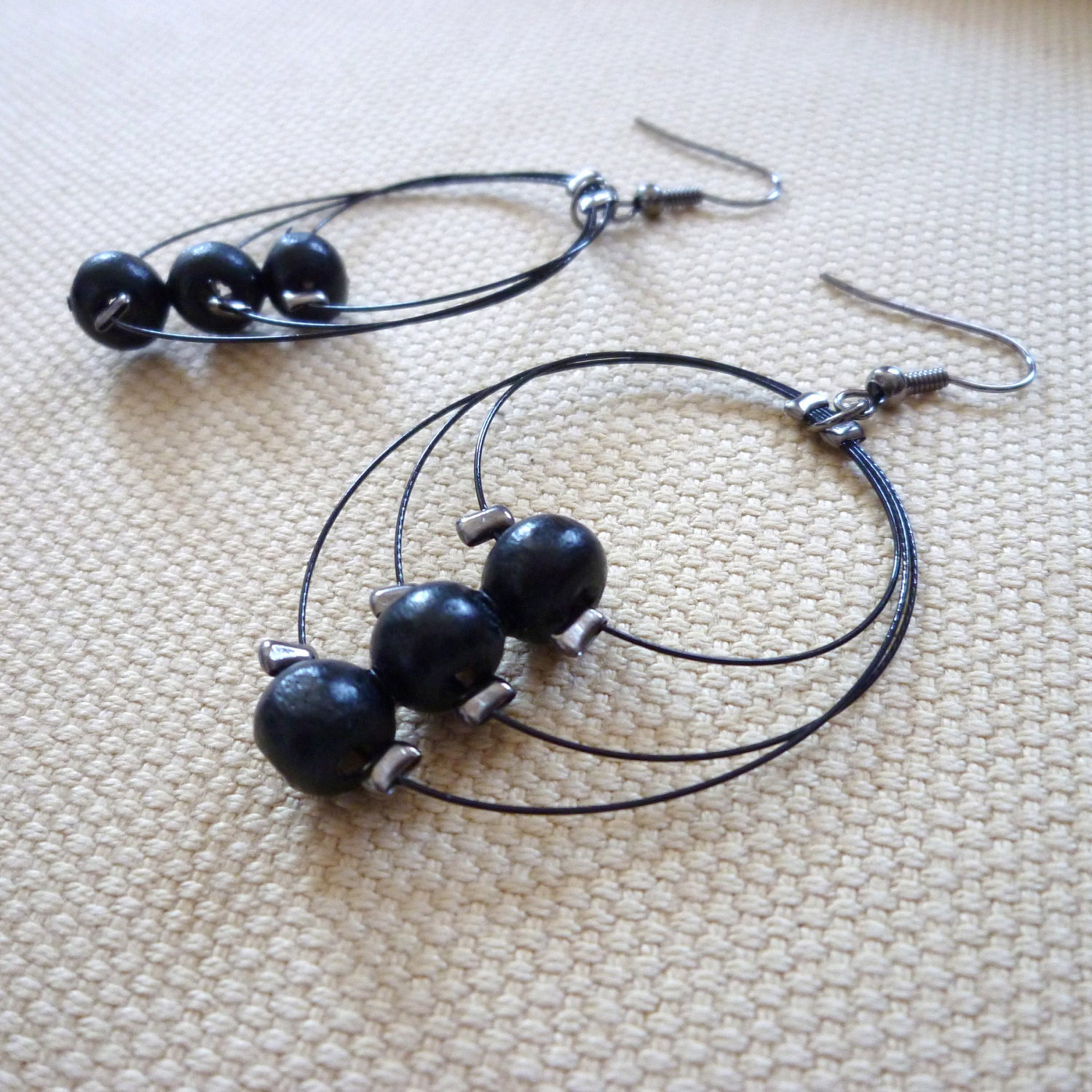 Black Wire and Wooden Beaded "Devotion" Earrings