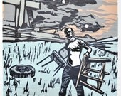 woodblock print "No Point In Cooking"