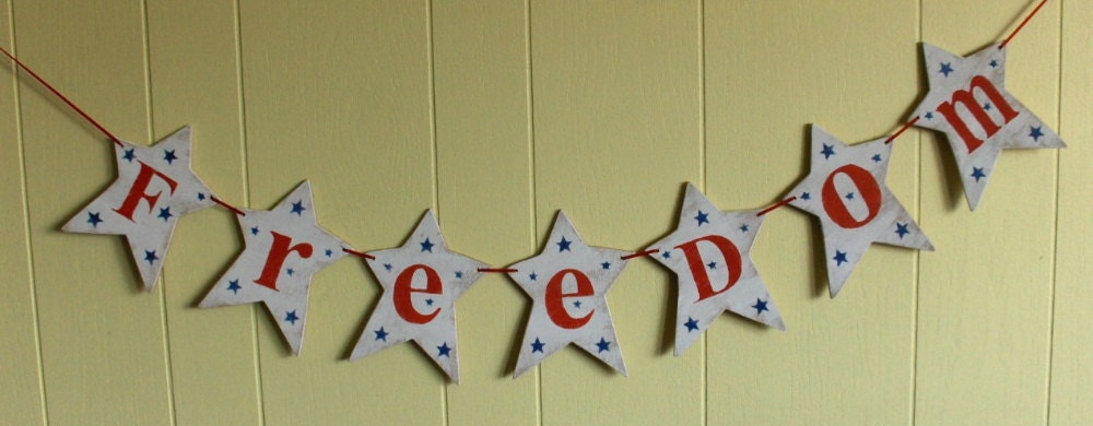 4th Of July Freedom Banner Garland Shabby Chic Americana Custom Wood Stars Sign Holiday