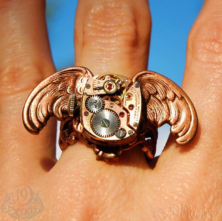 PHOENIX Gothic Steampunk Ring - Rare Red Ruby Vintage Omega Watch Movement on Wings Brass Victorian Ring- Unisex Fall design BEAUTY