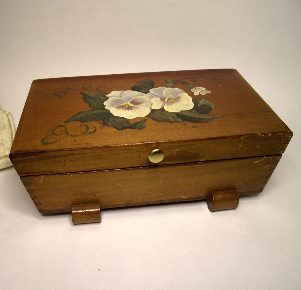 Wooden Jewelry Box with Hand Painted Flowers