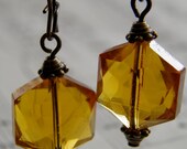 Golden Amber Earrings Vintage Style . . . Chunky Glass Faceted Hexagon Star Drop Earrings