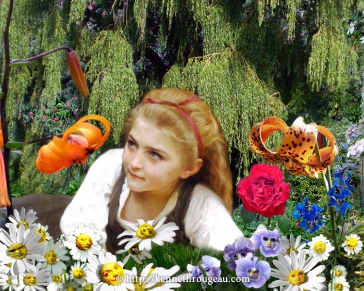 Garden Of Live Flowers - 11x14 Alice In Wonderland Surreal Fantasy Fine Art Collage Print
